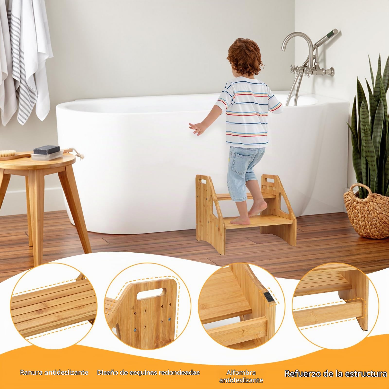 Tefola Escalera 2 Peldaños, Baño Escalon, Altura del Suelo Ajustable Escalon Peldaño, Soporta 300 Libras Escalera Madera, Taburete Escalera con asa Portátil
