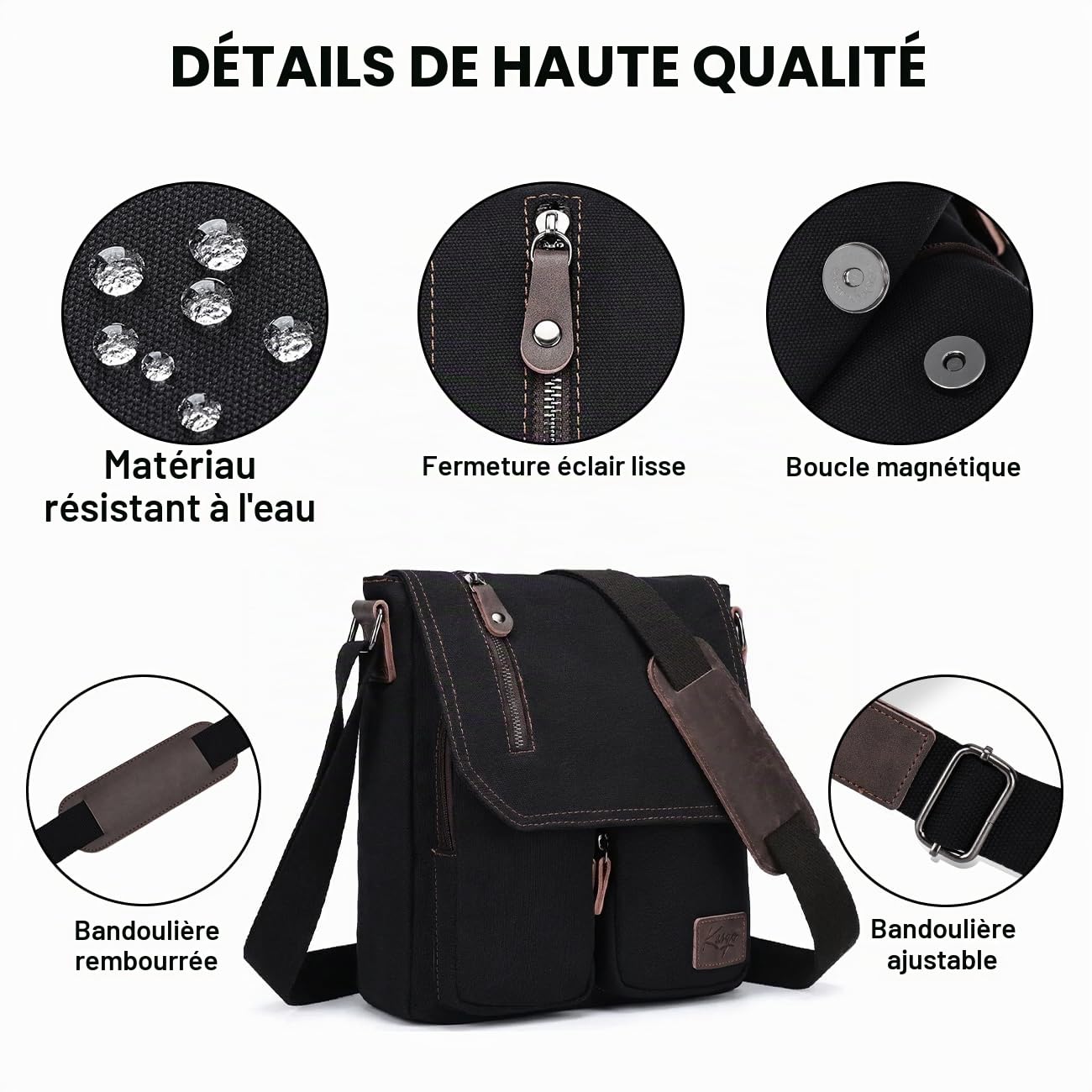 Sacoche Homme Femme, Léger Multi-poches Sac Bandoulière Homme Femme en Toile Vintage 11 Pouces Besace Pochette Porté Epaule pour Affaires Travail Voyage Scolaire