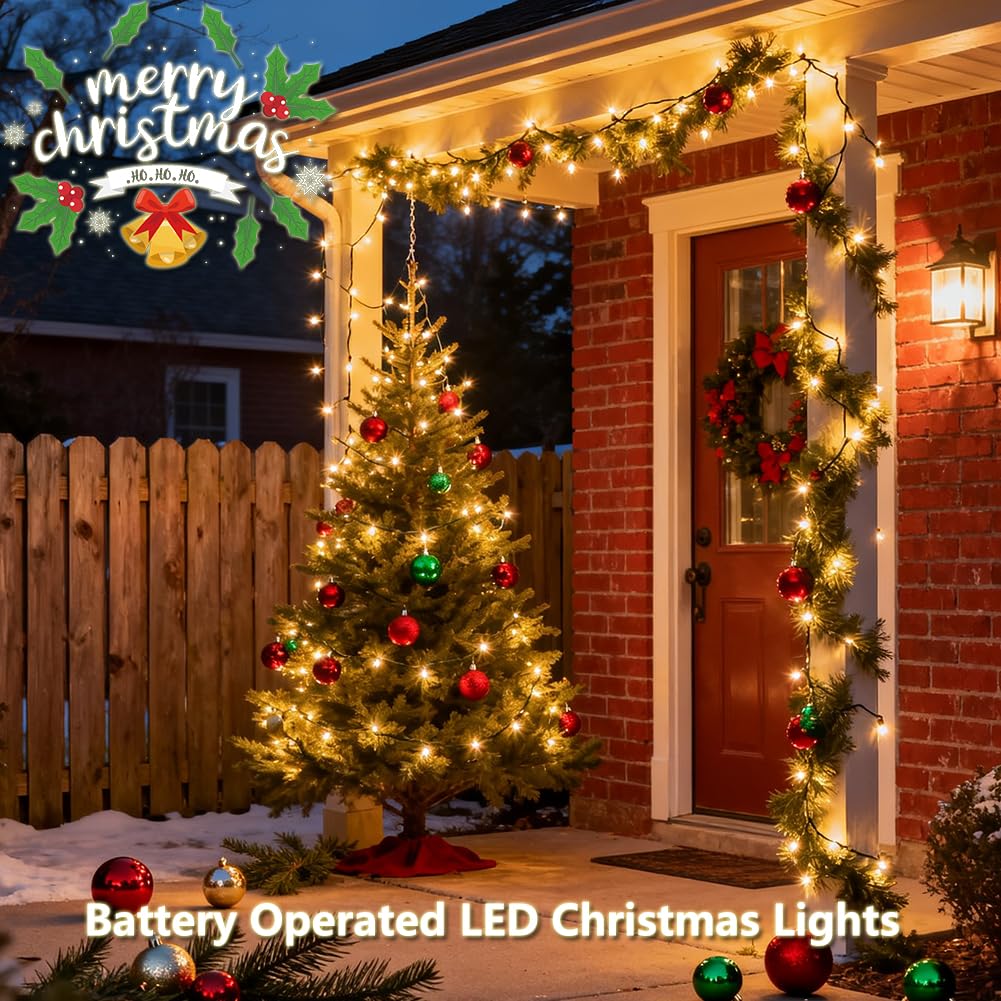 Luci di Natale a batteria, confezione da 4 mini luci trasparenti da 50 LED, 8 modalità con timer, impermeabili, per Natale, interni ed esterni, decorazione per la casa, bianco caldo