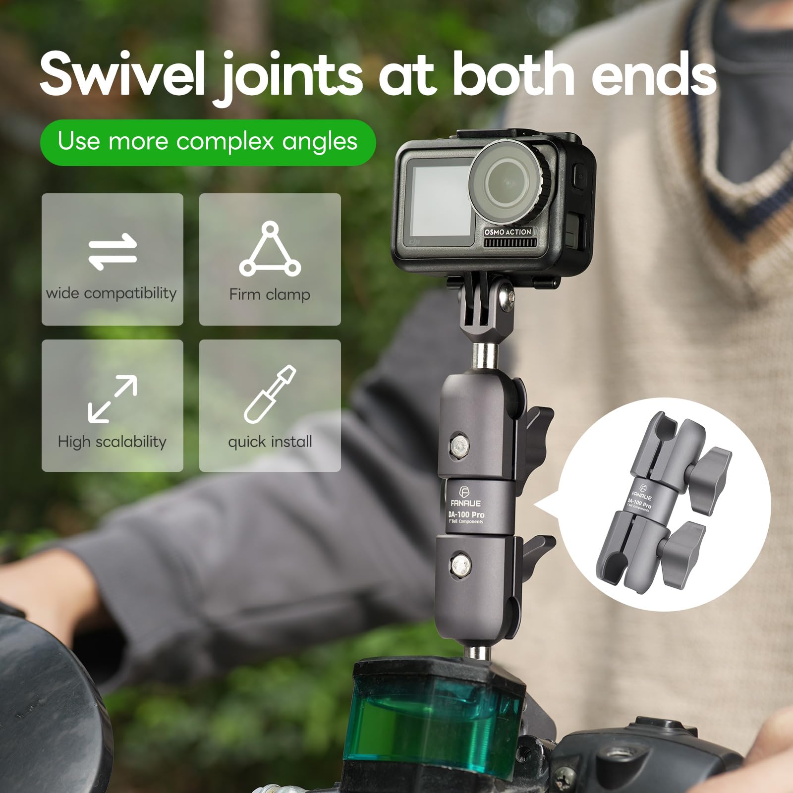 FANAUE Braccio girevole a doppio giunto, in Alluminio, Compatibile con Adattatori RAM Mounts di Dimensione B/Sfera da 1 Pollice. Lunghezza del Braccio di 94 mm (DA-100pro)