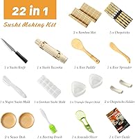 Vista 2 de Delamu Kit de fabricación de sushi, kit de rodillo de bazooker 22 en 1 con alfombrillas de bambú, cuchillo de chef, molde de arroz para sushi