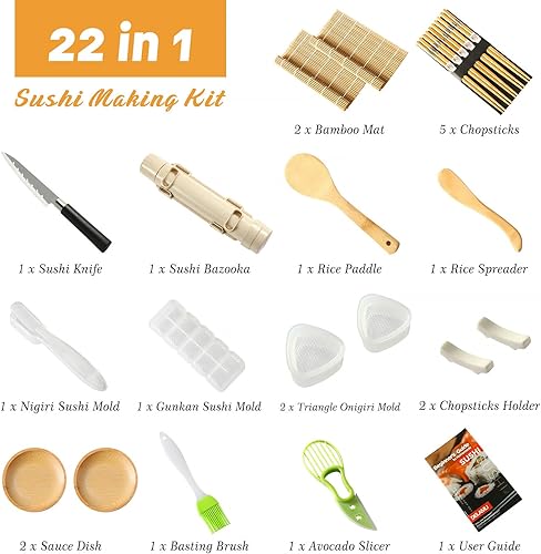 Miniatura 10 de Delamu Kit de fabricación de sushi 27 en 1 Padre-Hijo Kit de sushi para principiantesprofesionales, con alfombrillas de sushi de bambú, bazuca de