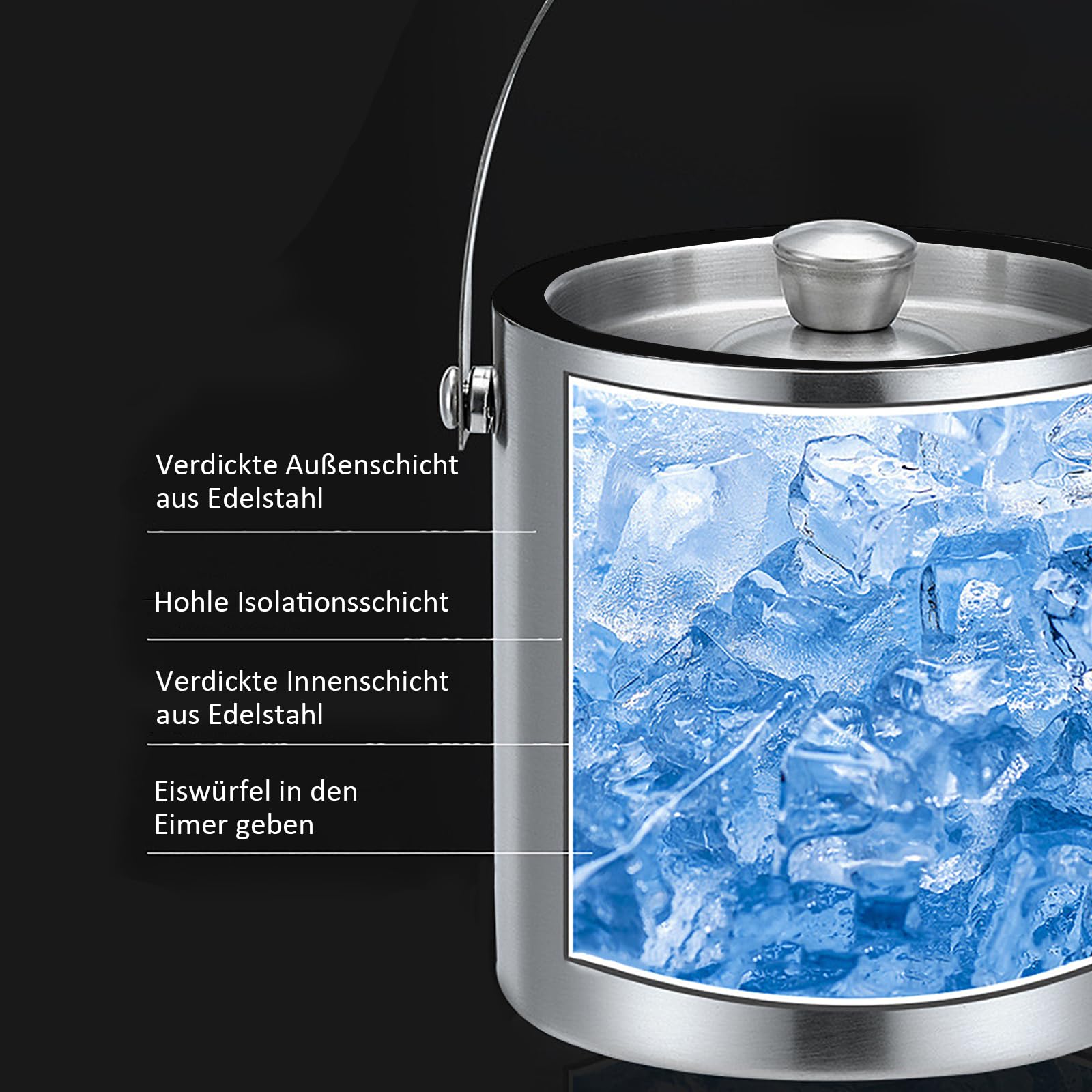 3L Eiswürfelbehälter, Eiswürfelbehälter Aufbewahrung, Edelstahl Eisbehälter, mit Sieb und Eiszange, zur Aufbewahrung von Eis und zum Kühlen von Getränken