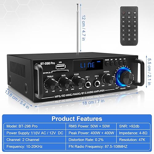 Miniatura 7 de Receptores estéreo de audio para el hogar con Bluetooth 5.0, receptor para altavoces Max 800 W, sistema de amplificador estéreo de 2.0 canales para