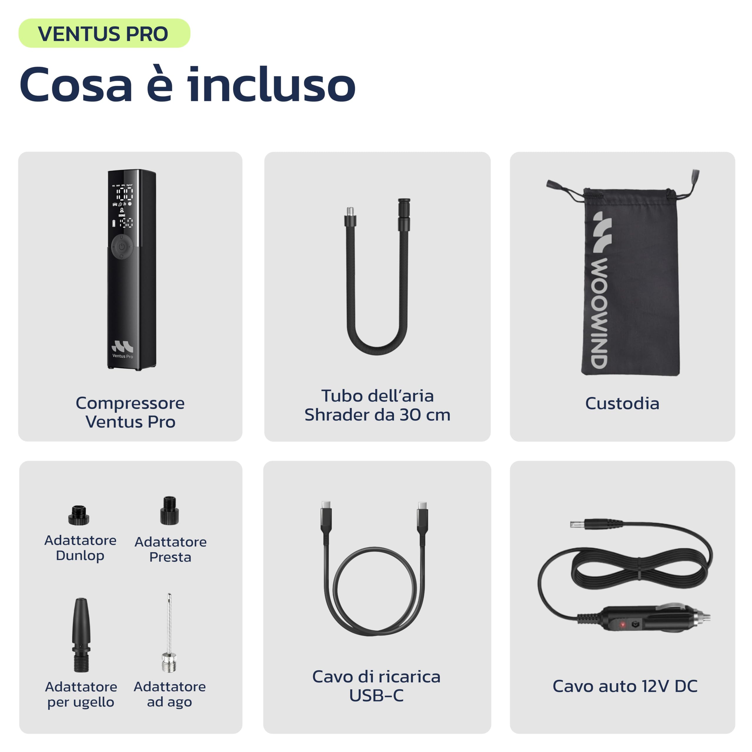 Woowind Compressore Aria Portatile Auto Premium, Gonfia Gomme Auto, 2X Più Veloce, 150PSI, Mini Compressore Portatile, Utilizzo Senza Fili o Con Cavo 12V, per SUV e Pickup, Spegnimento Automatico