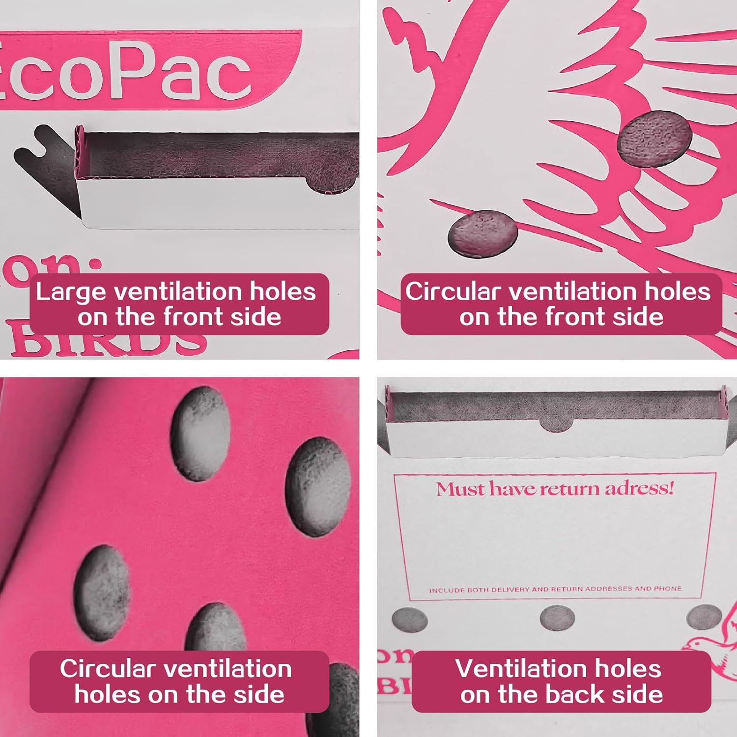 12 Pack Single Live Bird Shipping Boxes, Cardboard Pet Carrier for Chicken, Bird, Duck, Pigeons, Canaries with Ventilation Openings, Pink, 17.7x7.8x11.8 in