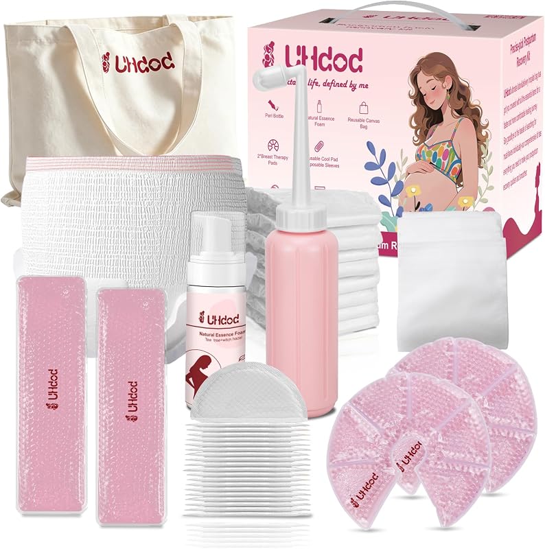 UHdod Postpartum Recovery Essentials Kit, Labor Delivery Postpartum Care | Includes disposable underwear cold pads cooling foam upside down peri bottle nipple nursing pads breast ice packs canvas bag