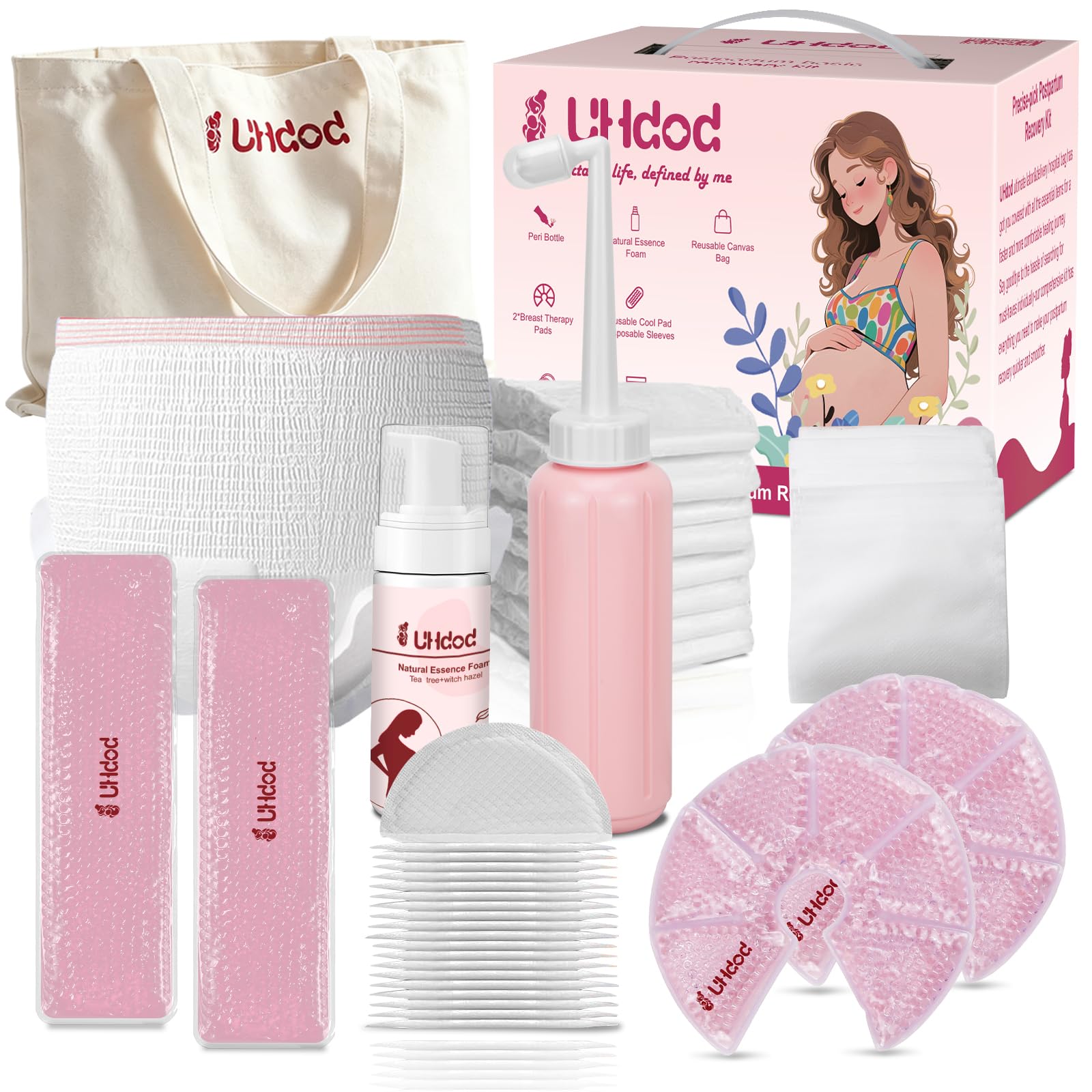 UHdod Kit esencial posparto para el parto, kit posparto, kit de recuperación de cuidado posparto, ropa interior desechable y paquetes de hielo, espuma refrescante, botella peri boca abajo,