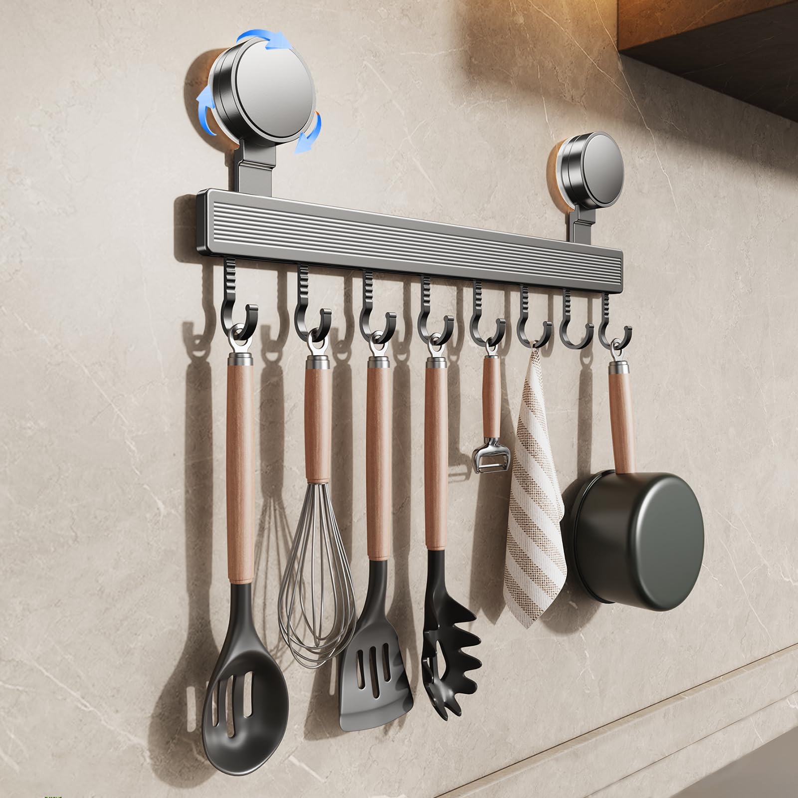 FERCOSEN Ganchos para Utensilios de Cocina con Ventosa, Sin Taladro, Desmontables, Anticorrosivos, 8 Ganchos, 40 cm, Soporta hasta 20 kg