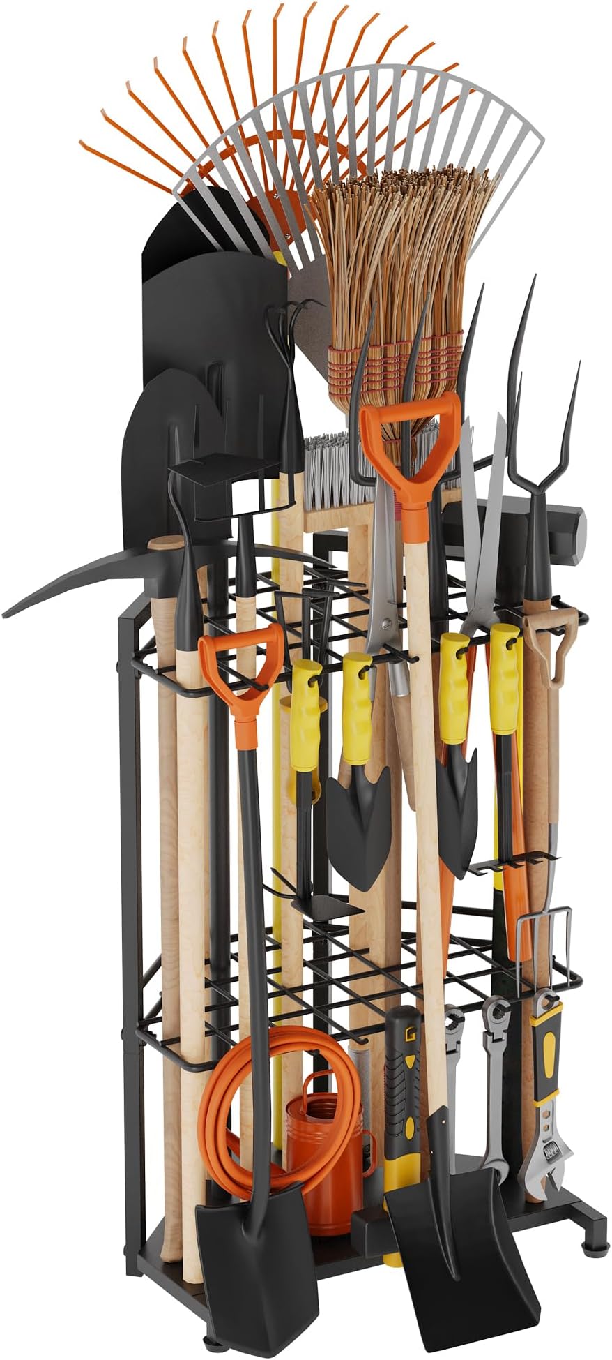 Garden Tool Organizer for Corner - Heavy Duty Metal Rack with 34 Storage Compartments & 14 Hooks for Shovels, Rakes, Long-Handled Tools, Ideal for Garden, Shed, Garage Storage