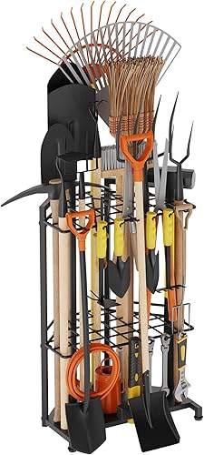 Organizador de herramientas de jardín para esquina - Estante de metal resistente con 34 compartimentos de almacenamiento y 14 ganchos para palas,