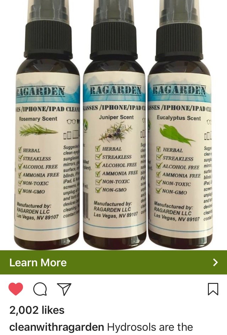 RAGARDEN Eyeglasses/iPhone/iPad Cleaner. Juniper Floral water. Bulk quantity (4) of 2oz Spray Bottles.