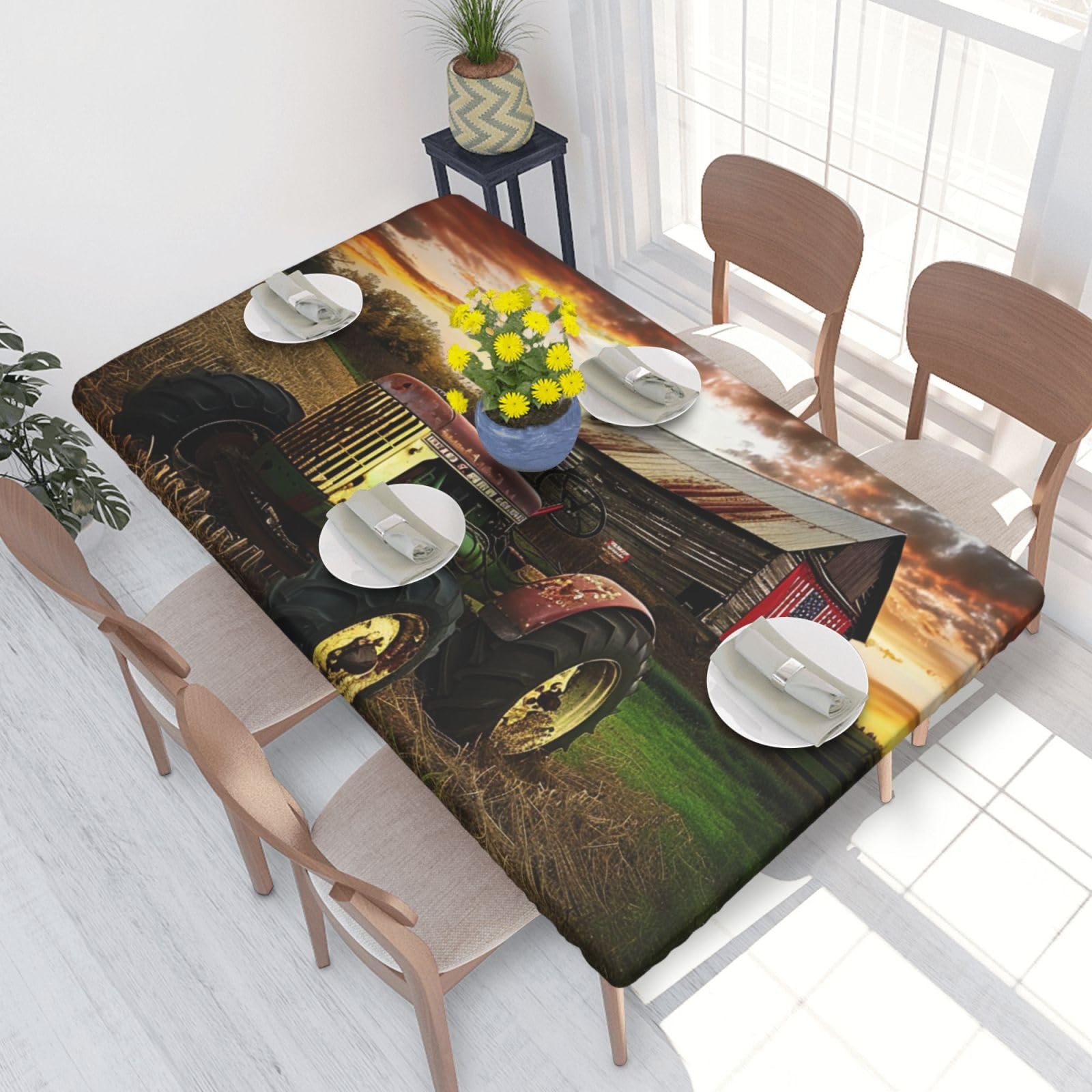 DCARSETCV Old Tractor Photo Farm Printed 4FT Waterproof Tablecloth with Elastic Edged Protect & Decor Your Table, Oil-proof Washable Table Cloth Cover for Dinner Picnic Party