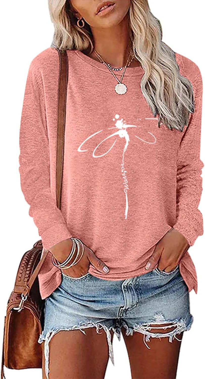 BAOKUAN Women's Dragonfly Trendy Graphic Long Sleeve Shirts Basic Tee Fall Winter Loose Cozy Cute Pullover Tops