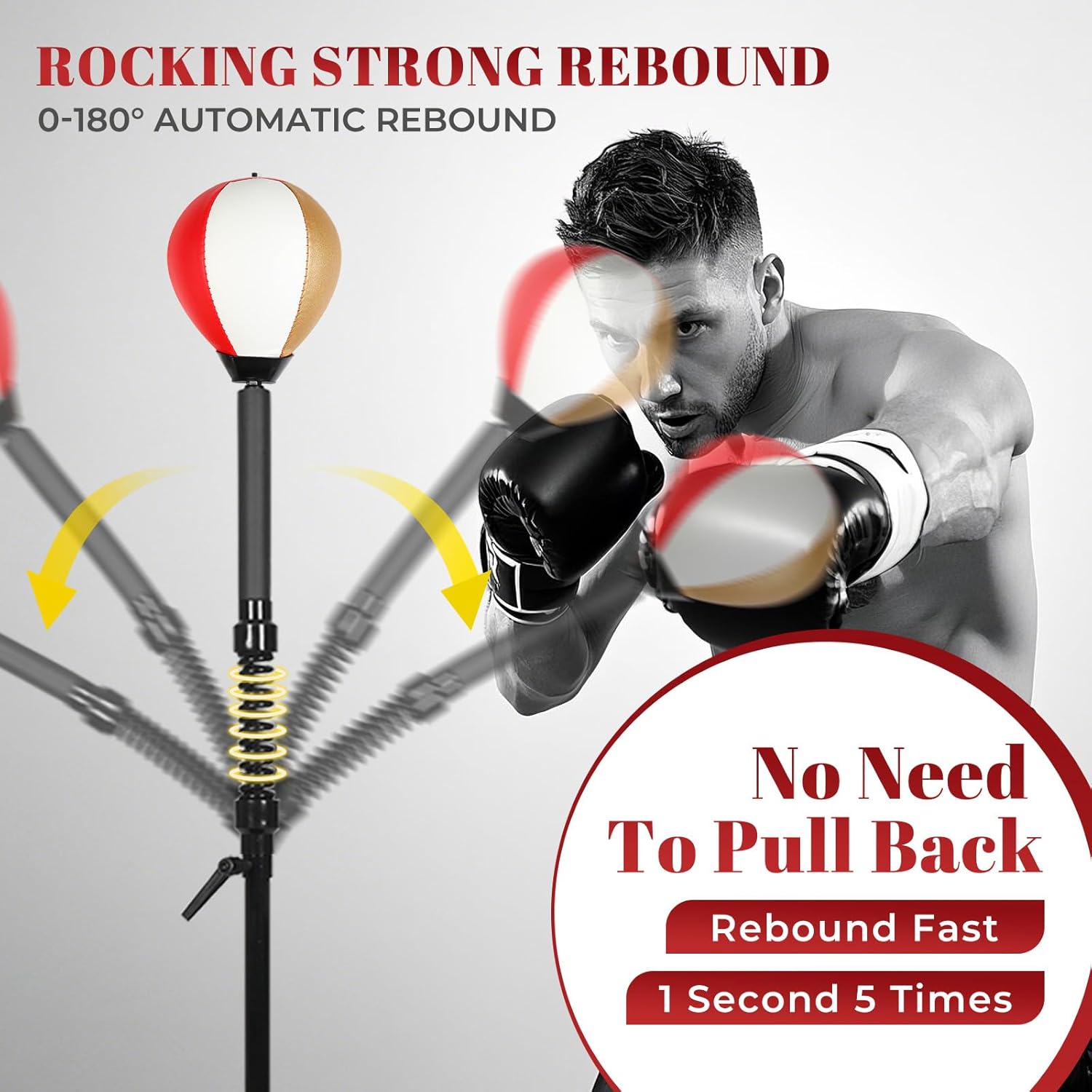 Boxing bar Reflex Speed Bag Punching Bag Free Standing Boxing Bag with Adjustable Height & Reinforced Spring Strong Durable Relief Stress Ball for MMA WWE Exercise（red White Gold） - Image 2