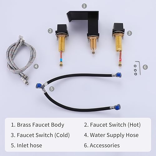 Miniatura 9 de TapLong Waterfall - Juego de grifo de baño de 8 pulgadas, color negro mate, 3 agujeros, 2 manijas cuadradas, montaje en cubierta de lavabo con