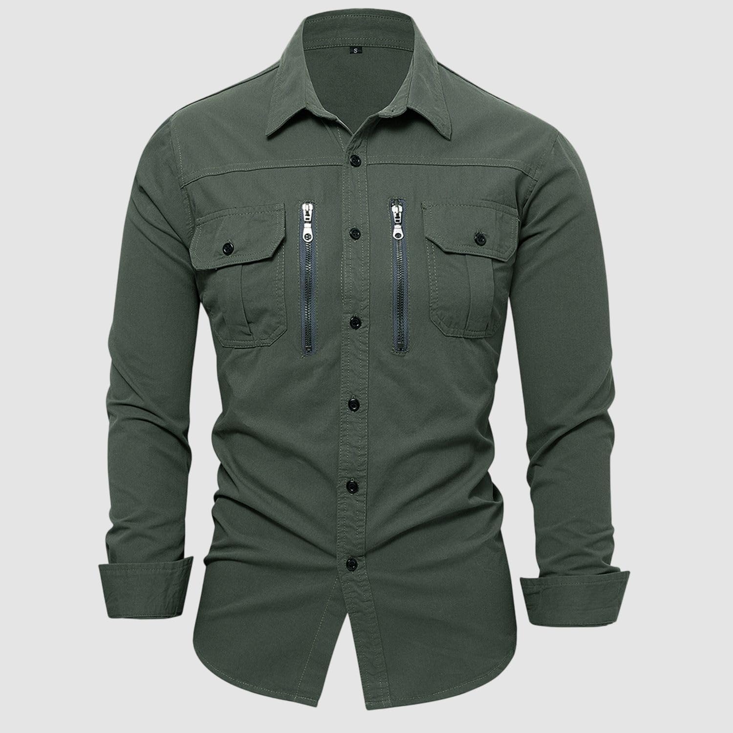 Camicia da lavoro da uomo in cotone a maniche lunghe con tasca con cerniera per l'uso quotidiano