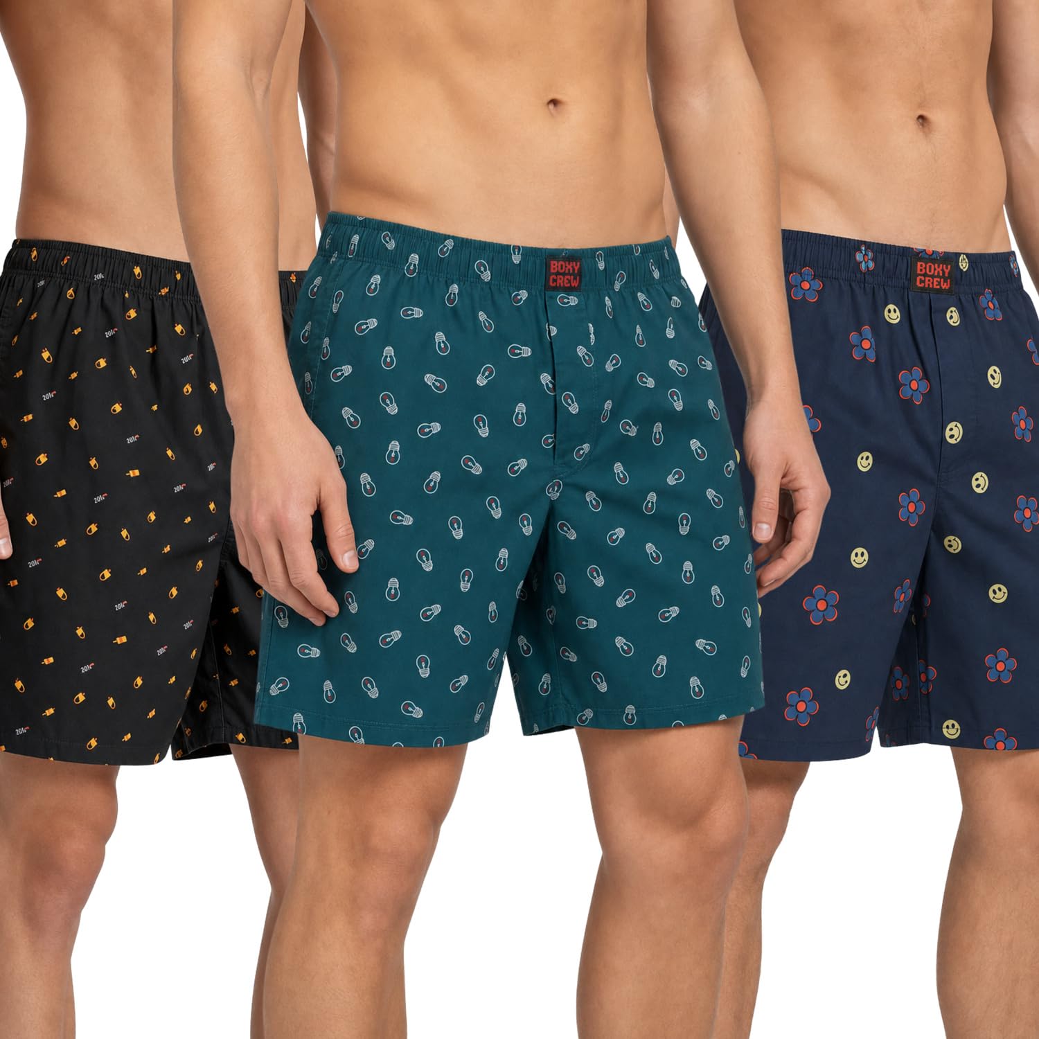 Men's 100% Cotton Printed Boxer Shorts Pack of 3 with Dual Side Pockets and Fabric-Covered Waistband - Black/Teal/Navy Blue, Styles MBX016, MBX027, MBX029-picture-53
