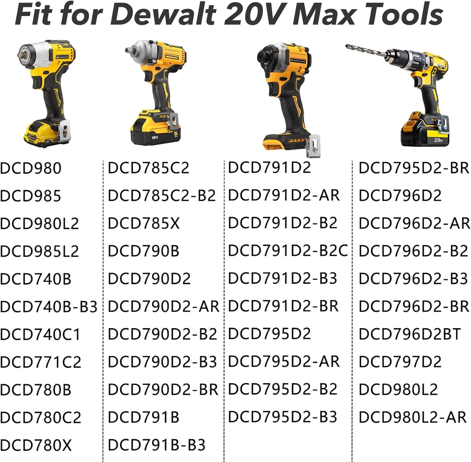 6-Pack Stainless Steel Belt Clips for Dewalt 20V Power Tools (N268241, N086039) - Compatible with Models DCD980, DCD985, DCD980L2, DCD985L2 - Includes Screws & Drill Bit Hooks，dewalt belt clip