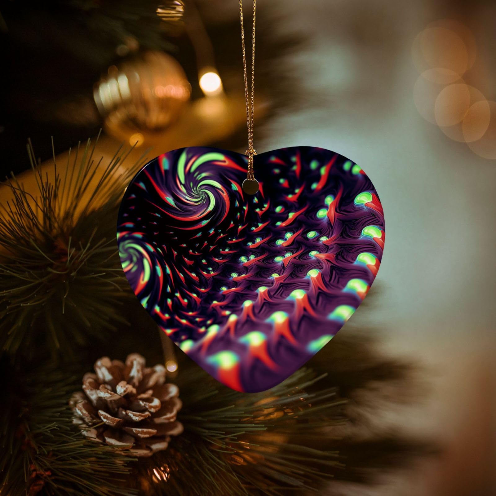 Christmas Tree Ornaments Ceramics Christmas Decorations Fantasy Sci-Fi Dizziness Ornaments with Gold Ribbon Porcelain Xmas Tree Crafts Heart Shape Hanging Pendant for Christmas Tree Party Decor