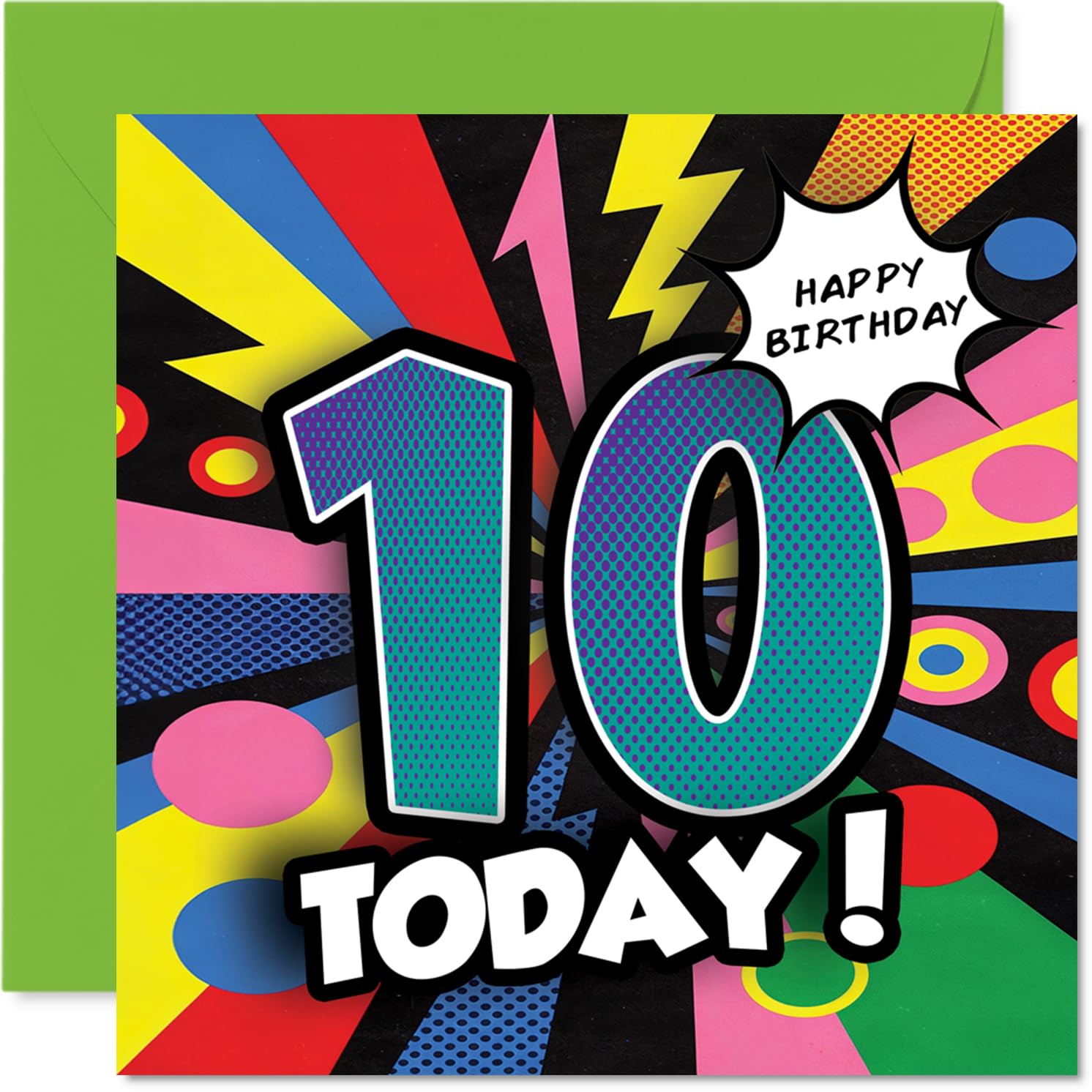 Celebratory 10th Birthday Card - Bursting with Birthday Energy - Bold Comic-style Design with Vibrant Colours - 145mm Square, Envelope Included