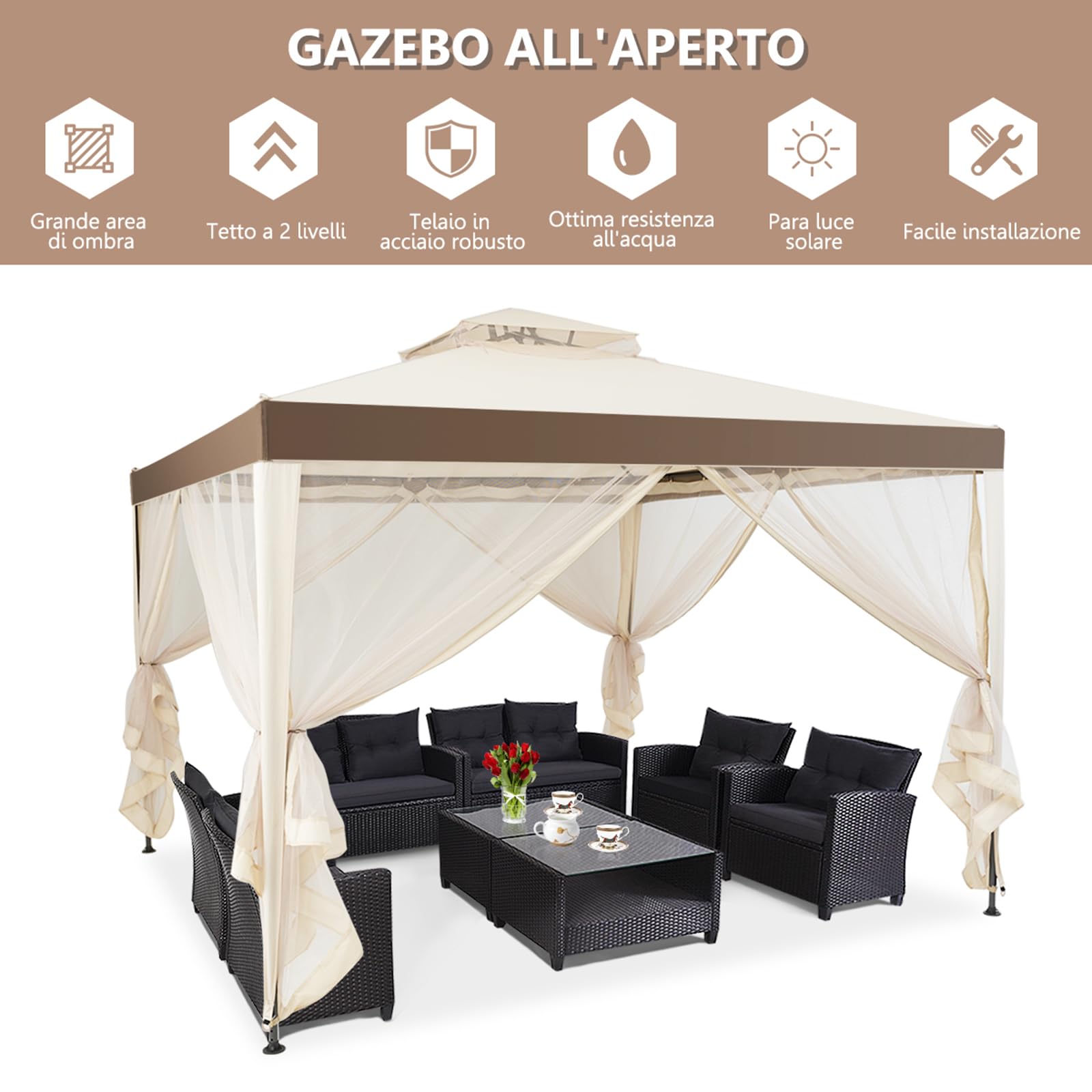COSTWAY Gazebo da Giardino 3 x 3 m, Gazebo da Esterno con Zanzariera, Doppio Tettuccio e 4 Tendine Poliestere Laterali, Impermeabile, Struttura in Metallo, per Giardino, Patio e Cortile (Beige)