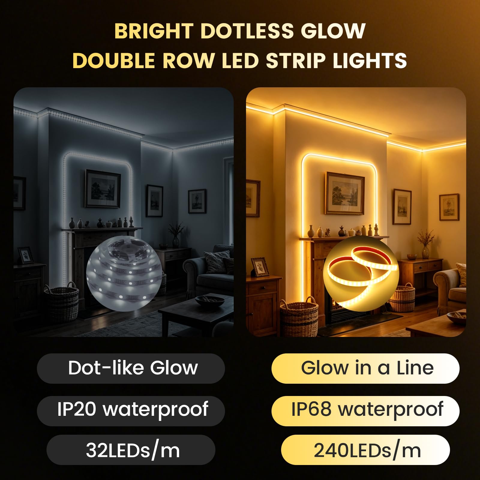 KISUFU Ruban LED 24V, 240 LEDs/m SMD 2835 IP68 Étanche 2PIN Auto-adhésif Bande LED Light Strip pour Maison Chambre Cuisine Éclairage commercial. (Sans Alimentation)