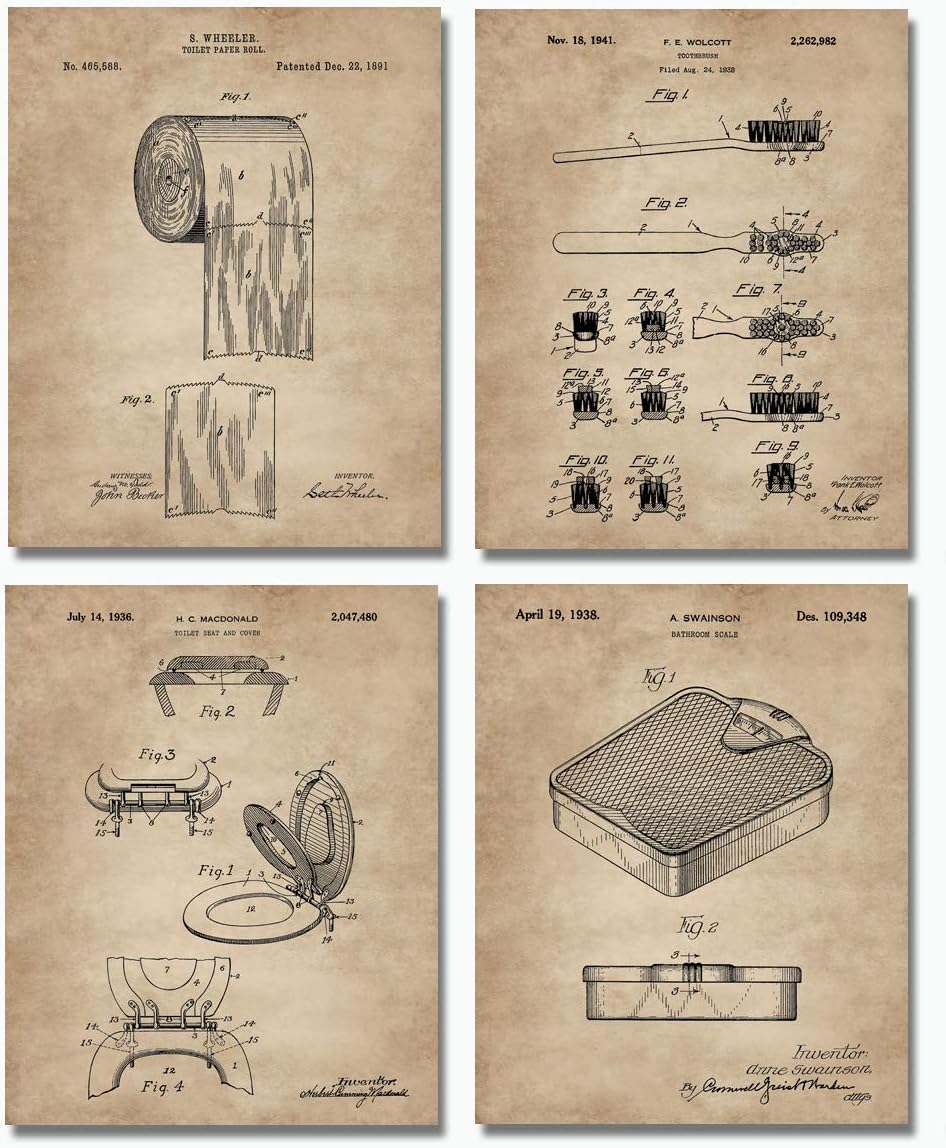 Bathroom Patent Prints - 8"x10" Set of 4 - Restroom Wall Art Decor