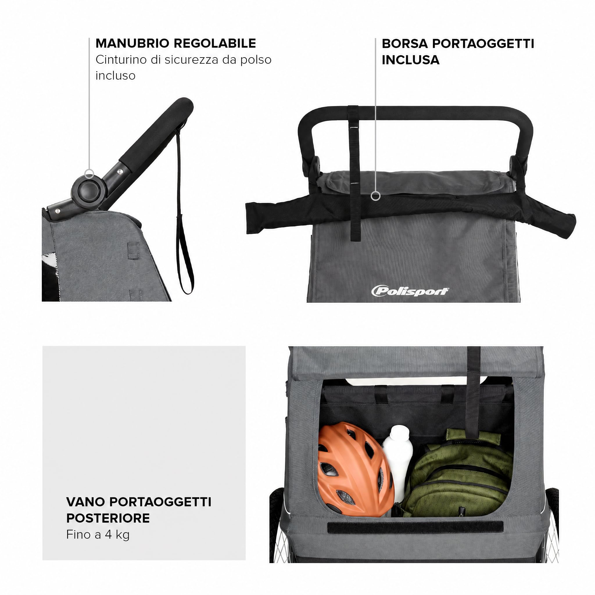 Polisport Rimorchio Bici Bambini 2 in 1 con Passeggino, Nero/Grigio