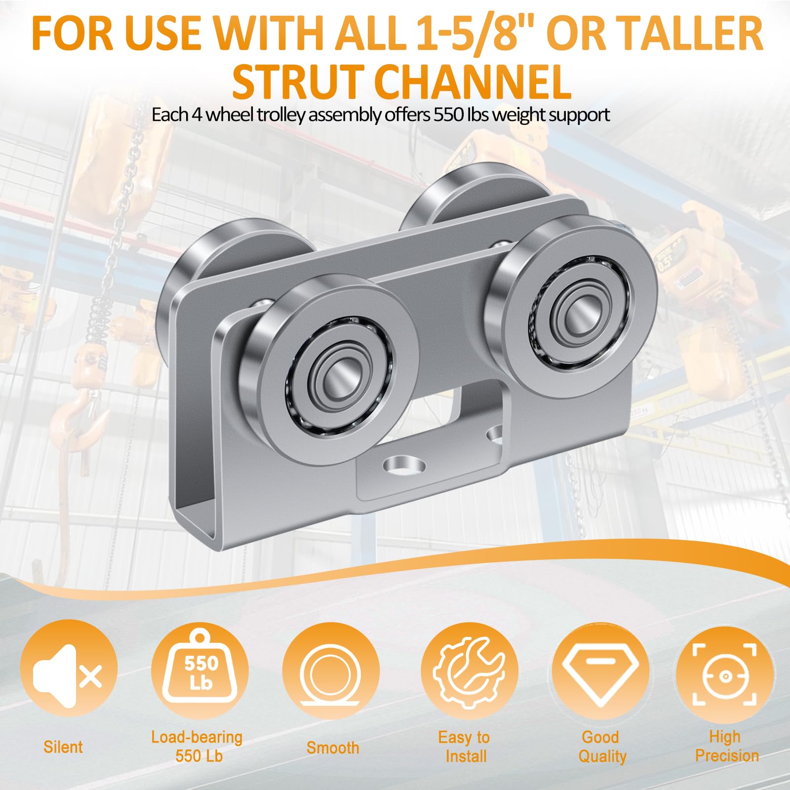 1800 Lb Capacity Trolley Unistrut Trolley With 4 Wheels – Heavy-Duty Roller For 1-5/8 Strut Channels, Load Up To 1800 Lbs Strut Channel Rollers