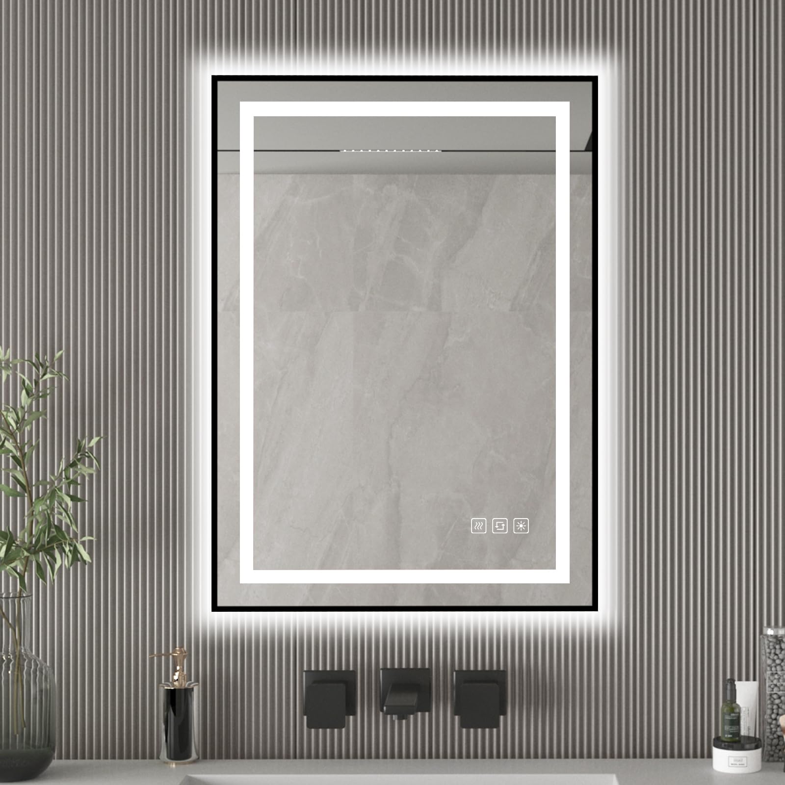 furduzz Espejo de baño con iluminación, 500 x 700 mm, espejo de maquillaje de pared con luz frontal y retroiluminada, función de memoria, regulable, antivaho (horizontal/vertical)