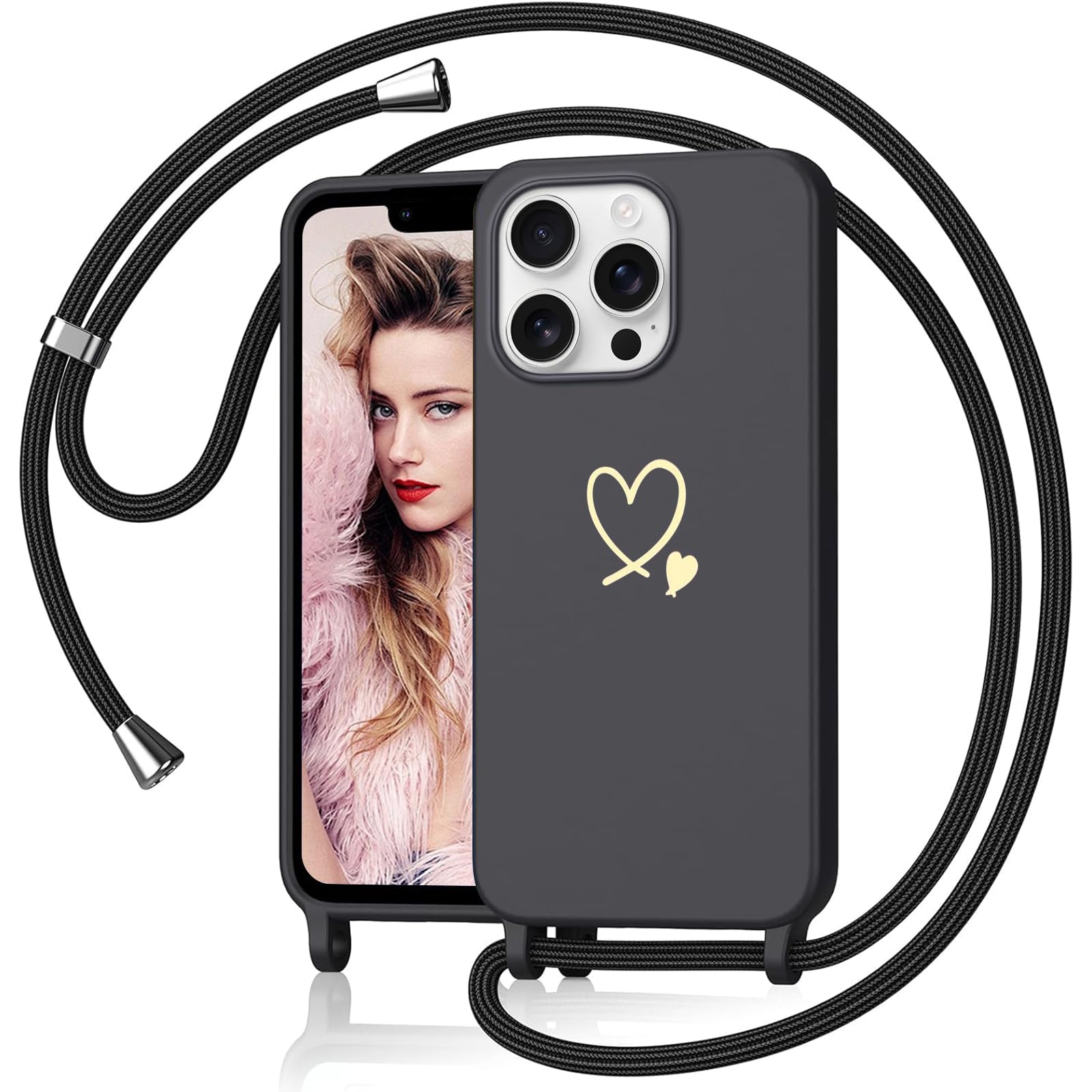 Yichxu Handyband für iPhone 13 Pro Hülle mit Band, Herz Design Necklace Handyhülle zum Umhängen Kordel, Stoßfest Schutzhülle mit Kette, Weich TPU Liquid Silikon Case für iPhone 13 Pro, Schwarz