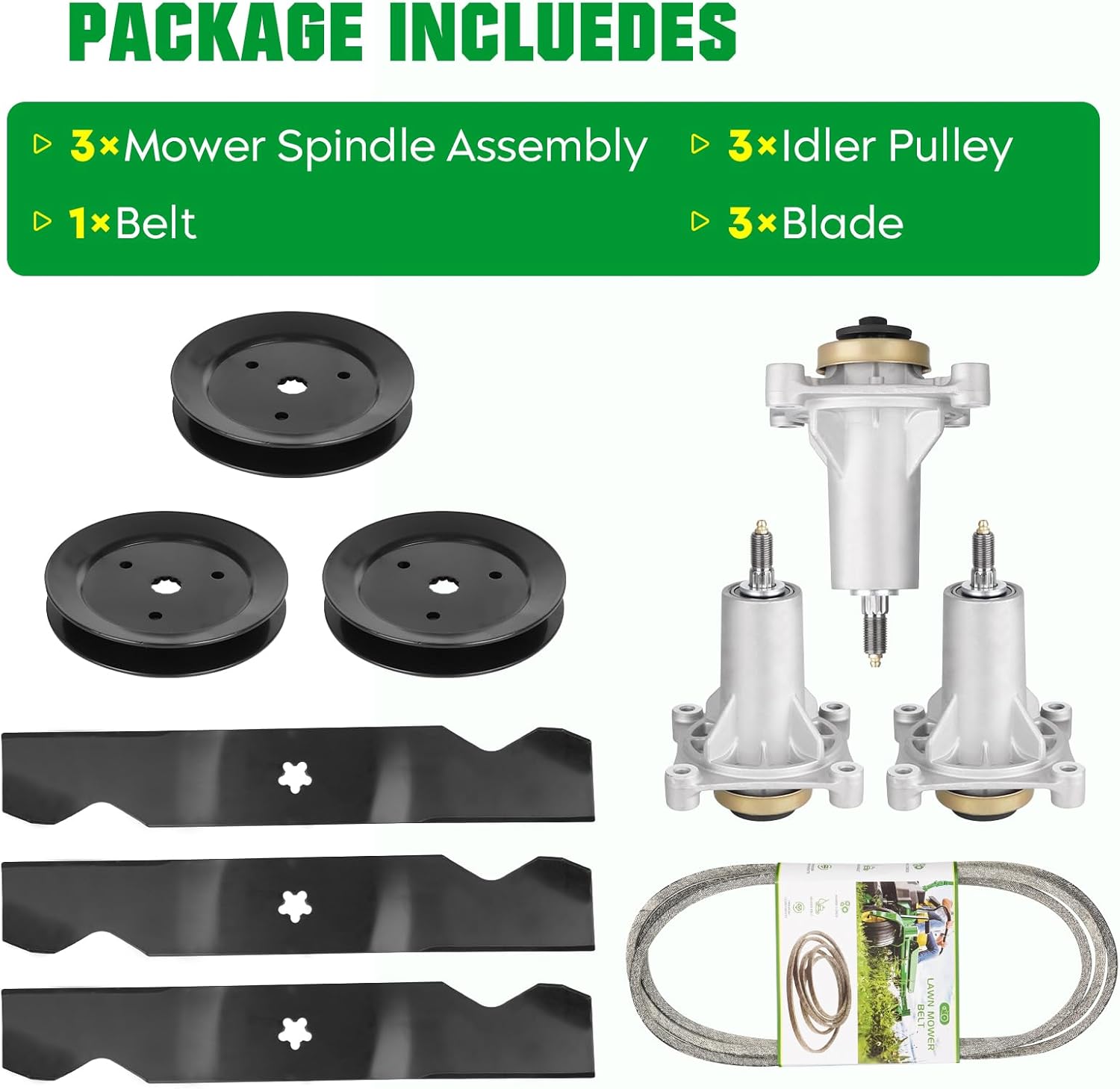 LGT2554 LGT2654 Rebuild Kit Fit for 54 inch AYP Husqvarna Craftsman YTH2454, 3 Spindle Assembly Replace 532187281, 3 Blades 532187256, 147 1/2" Drive Belt 196103