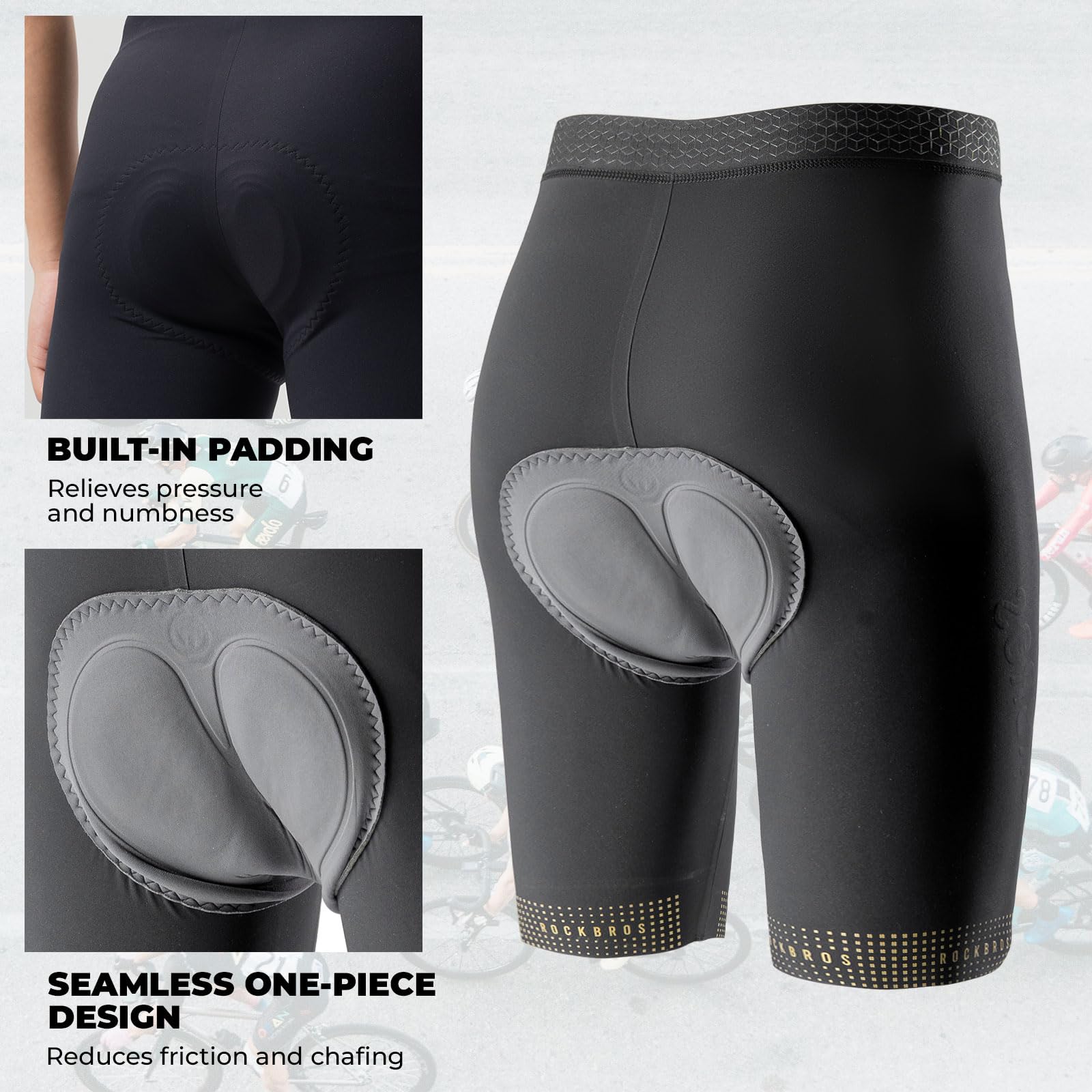ROCKBROS Pantaloncini da Ciclismo Uomo, Pantaloncini Senza Cuciture Imbottiti in 3D Gel Traspirante e Antiscivolo, Asciugatura Rapida, per Bicicletta MTB Bici da Strada