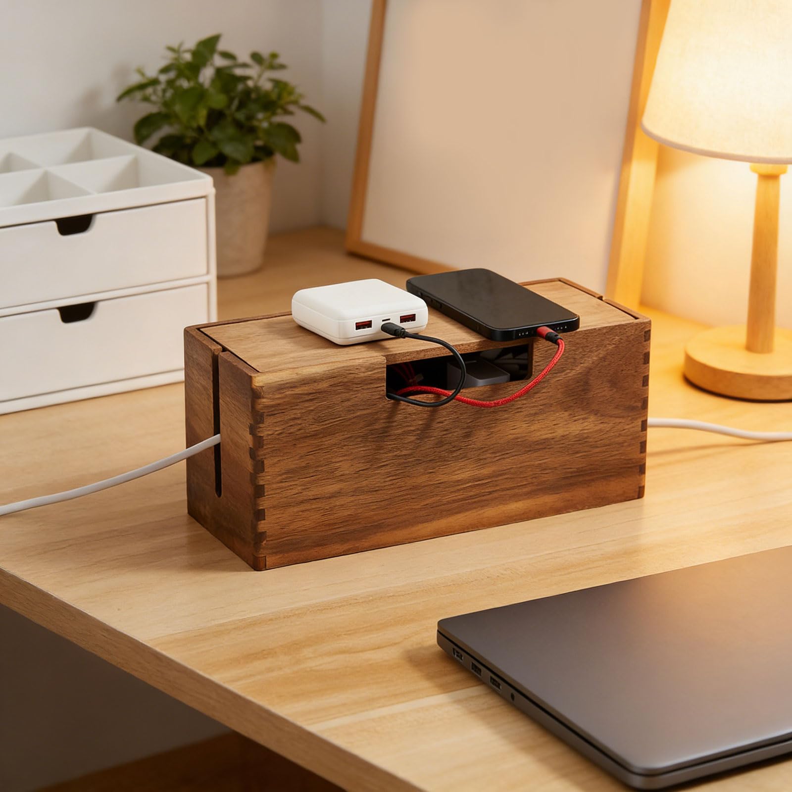 Scatola di gestione dei cavi in legno di alta qualità per scrivania organizzata, uffici ed elettronica domestica, con coperchio, organizer per cavi in legno