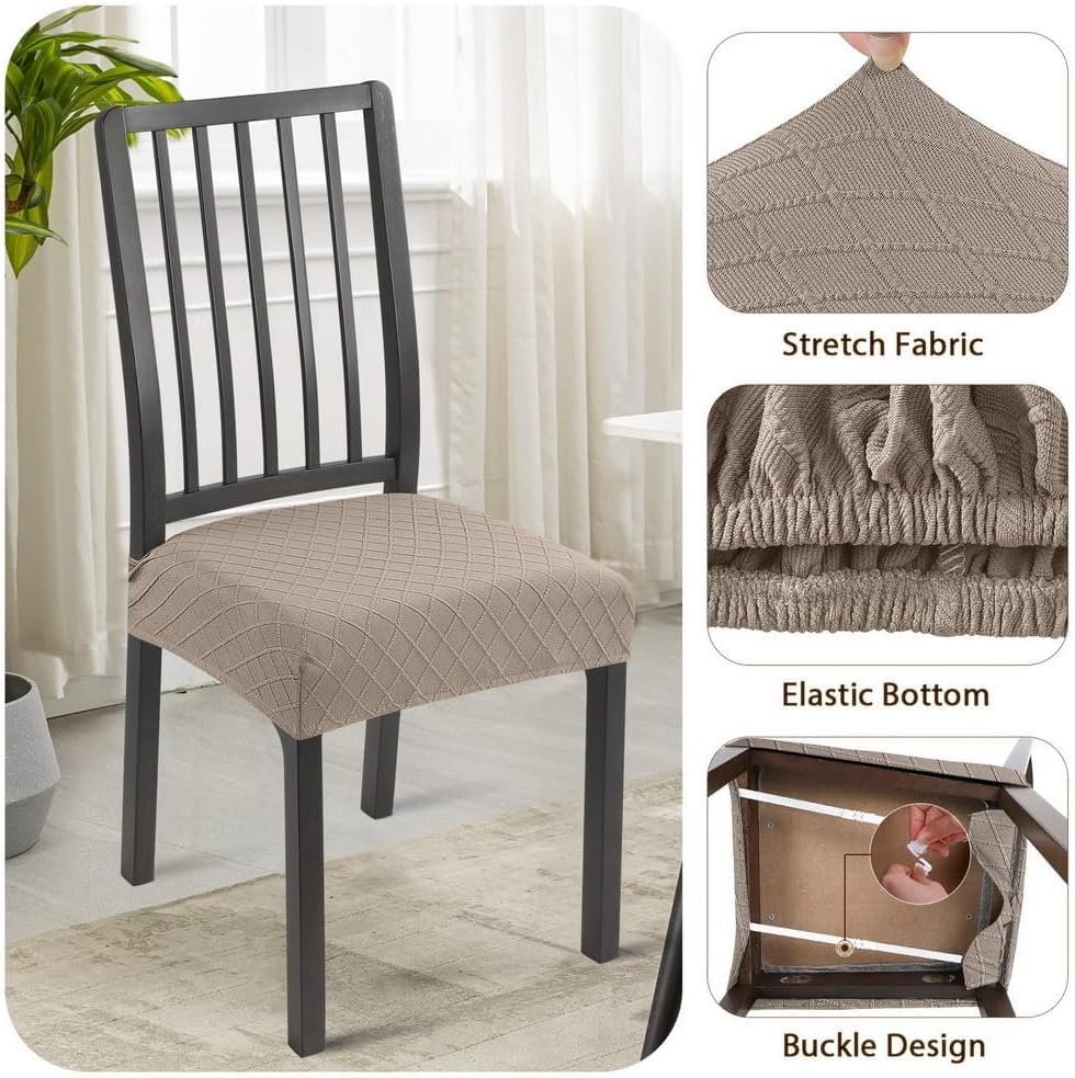 Image of SearchI Stretch Dining Chair Seat Covers Set of 2, Soft Removable Washable Seat Covers for Dining Chairs, Dining Room Seat Cover Protector (Rear-Covered, Check Jacquard Khaki)