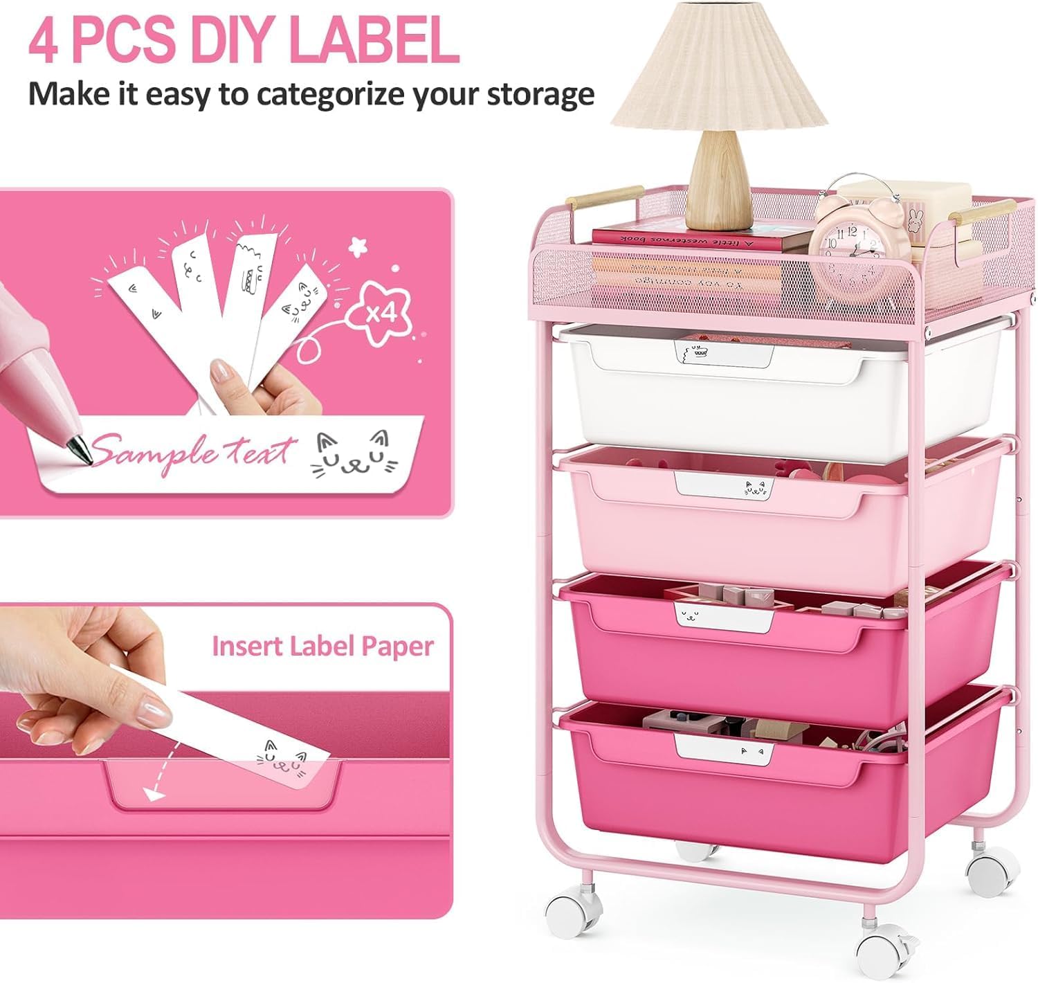 4 Drawer Rolling Utility Craft Storage Organizer Cart with Convenient Mesh Top, Art Supplies Storage Cart with 4 DIY Labels for Home Office Classroom Bedroom Kids, Pink