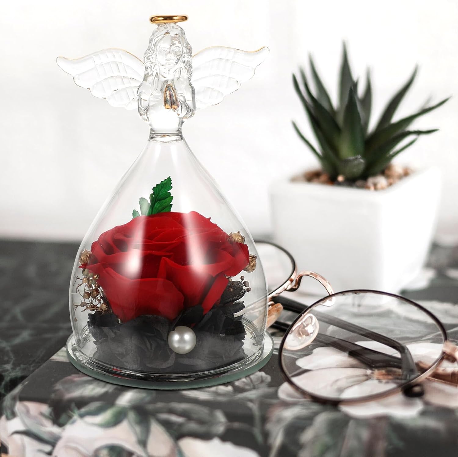 Unomor Preserved Flower in Glass Dome with Angel Figurine Romantic Anniversary Birthday Wedding Home Office Decoration Valentine Day Ornament