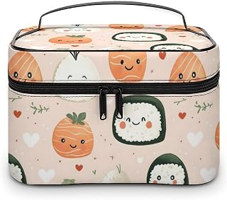 Large Travel Makeup Bag Organizer - Leather Travel Rice Ball Cute Print Cosmetic Toiletry Bag for Women, Nail Skincare Makeup Case Organizer with Compartments Brush Storage And Handle
