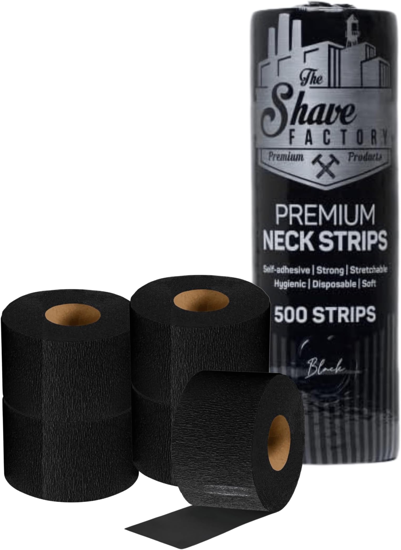 The Shave Factory Hygienic Black Neck Strip, 500 Strips - 5x 100 Rolls Pack (Black)