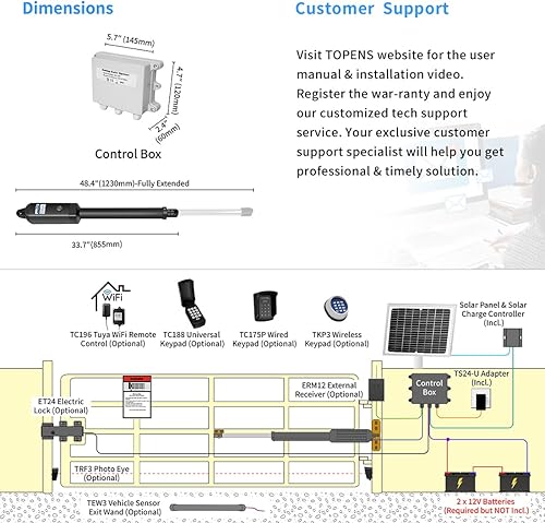 Miniatura 6 de TOPENS A8S - Abridor de puerta solar automático para puerta batiente individual resistente de hasta 18 pies, operador de puerta batiente simple