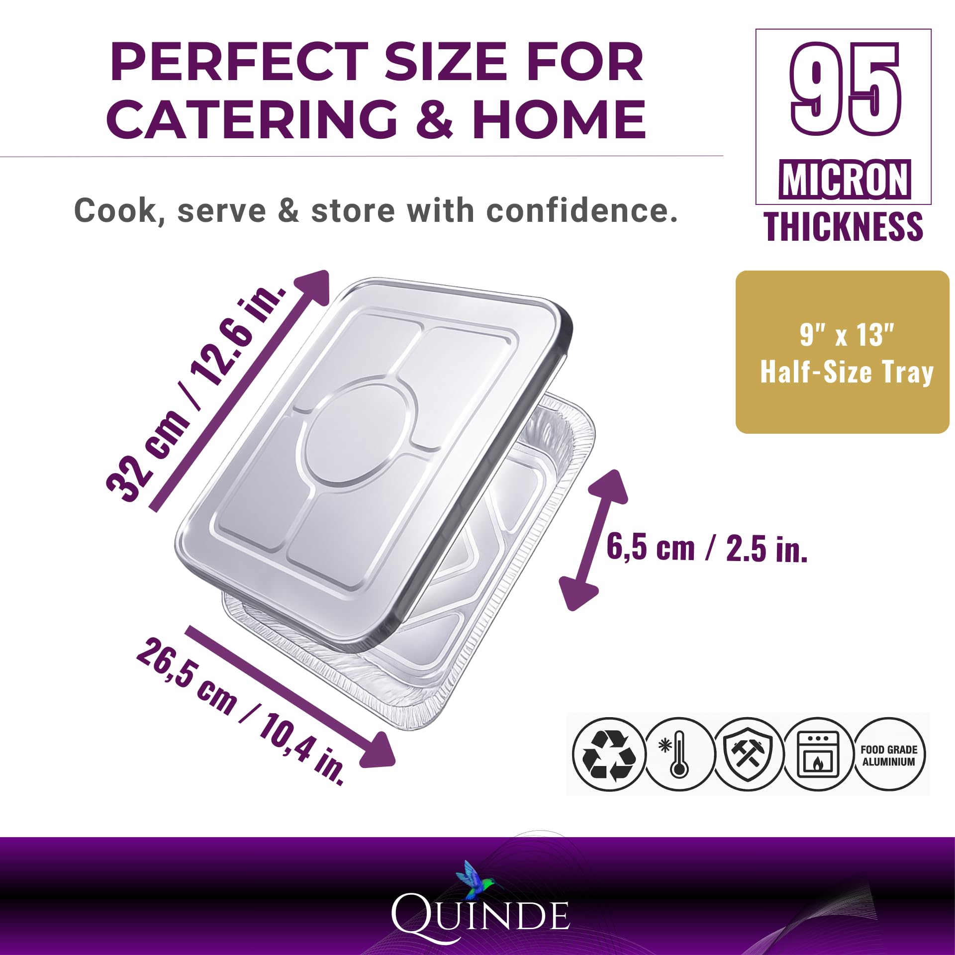 QUINDE Bandejas grandes de aluminio con tapas, paquete de 10 unidades, bandejas de aluminio resistentes de 3500 ml (equivalente a 32 x 26 cm, tapas de aluminio completas de alta calidad para catering