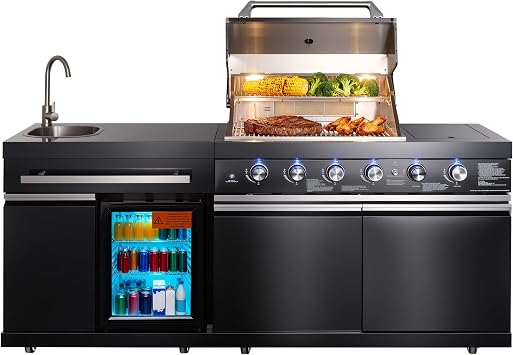 4+2 Burners Deluxe Stainless Steel Outdoor Kitchen Island with Infrared Side Burner and SS304 Sink,74600 BTU BBQ Grill with Refrigerator,Rotisserie Kits and Cover,Gas Grill for Backyard
