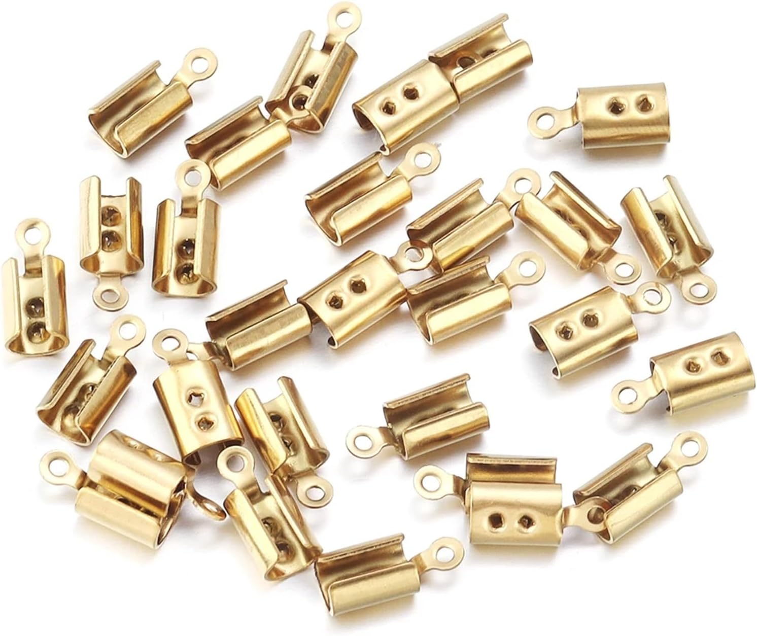 Fold Over Cord Ends 100Pcs Stainless Steel Crimp End Beads Caps Leather Cord Clip Tip Fold Crimp Bead Bracelet Connectors for Jewelry Making(Gold Round 4mm)