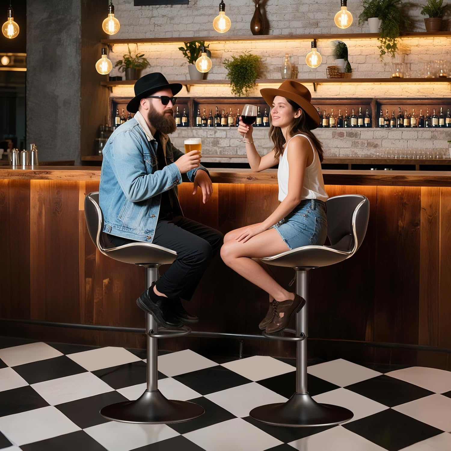Bar Stools Set of 2, Adjustable Swivel Barstools, Modern PU Leather Counter Height Bar Chair with Back and Footrest for Kitchen Island Dining Room Café Pub (Black, Matte Black Base)