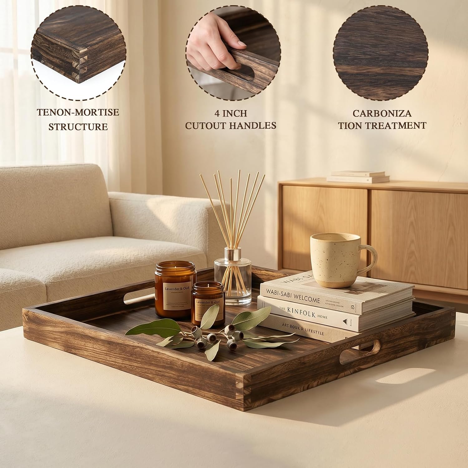 20 Inch Wooden Ottoman Tray with Handles Rustic Farmhouse