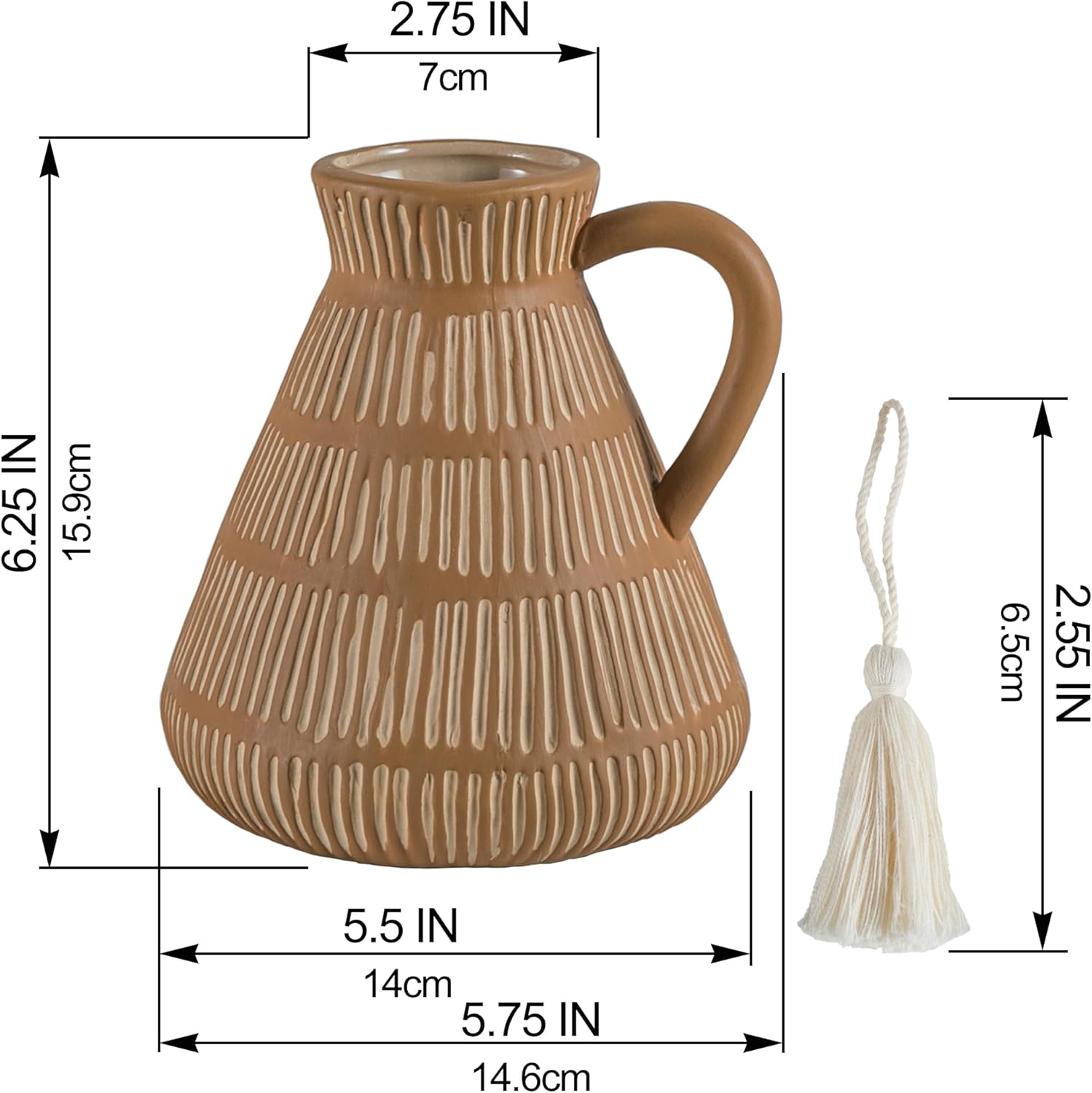 Mowtanco Rustic Farmhouse Vase with Handle and Tassel, Vertical Stripes Terracotta Pottery - Vintage Ceramic Clay for Home Décor, Shelf, Table, Bookshelf, Mantle, Entryway