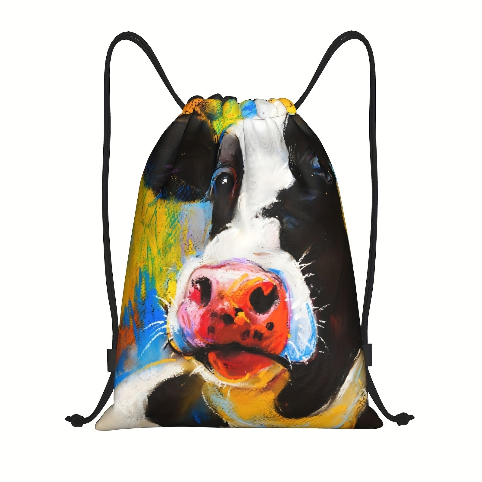 Richugui Oil Painting Cow Cute Drawstring Backpack Cow Print String Bag Gym Sackpack for Hiking Yoga Gym Swimming Travel Beach