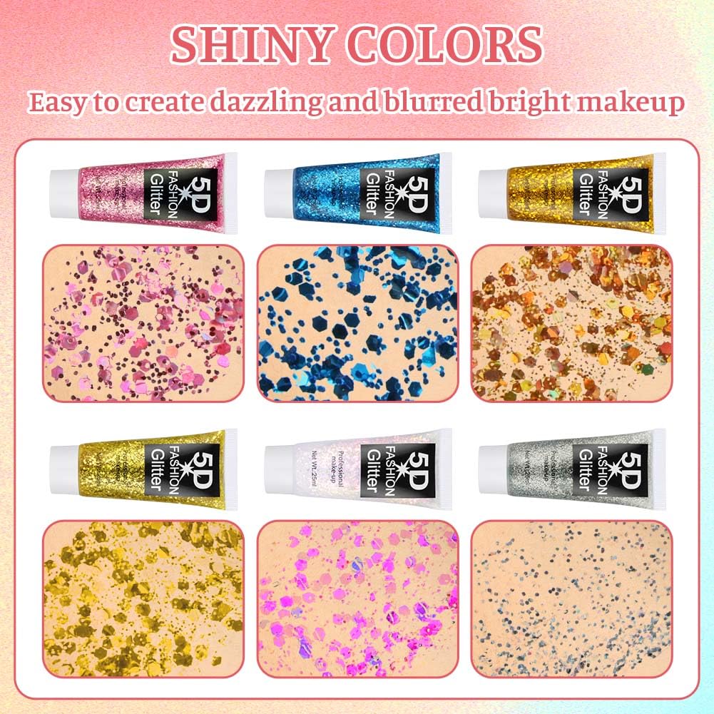 Glitter Corpo Gel, 6 Pezzi Gel Sequins Shimmer, Chunky Glitter Gel Glitter per Corpo, Viso, Capelli, Unghie, Chunky Glitter Decorazione per Musica, Festival, in Maschera(B）