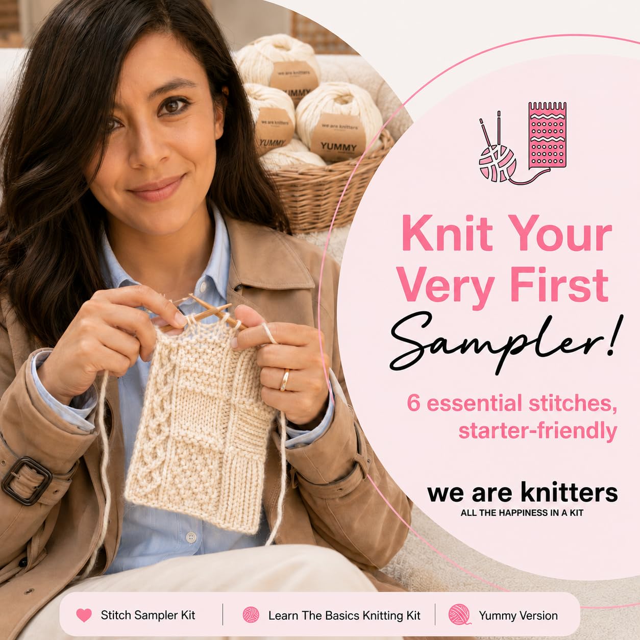 We Are Knitters Stichproben-Strickset, Anfängerfreundliches Strick-Starter-Set mit Baumwollgarn, lernen Sie wichtige Stiche und machen Sie Ihren ersten Schlauchschal